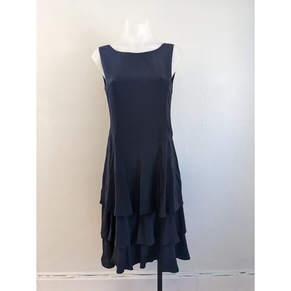 Ana Capri Size Medium Shift Dress Black Tiered Ruffle Silk Side Zip Sleeveless - Picture 2 of 11